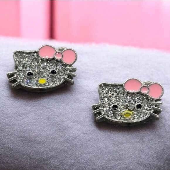 Hello Kitty Earrings Rhinestone Enamel Pink Bow Pierced Ears Cat Studs Jewelry - Picture 7 of 8